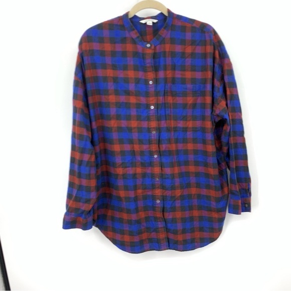 LL Bean Signature Women Size Large Shirt Button Down Top Flannel Plaid Blue Red - Picture 1 of 8